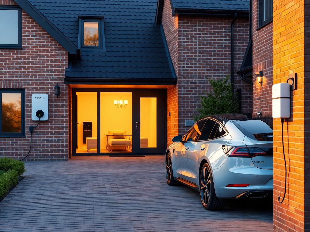 Laadpaal aan de oprit van een woning met een elektrische wagen
